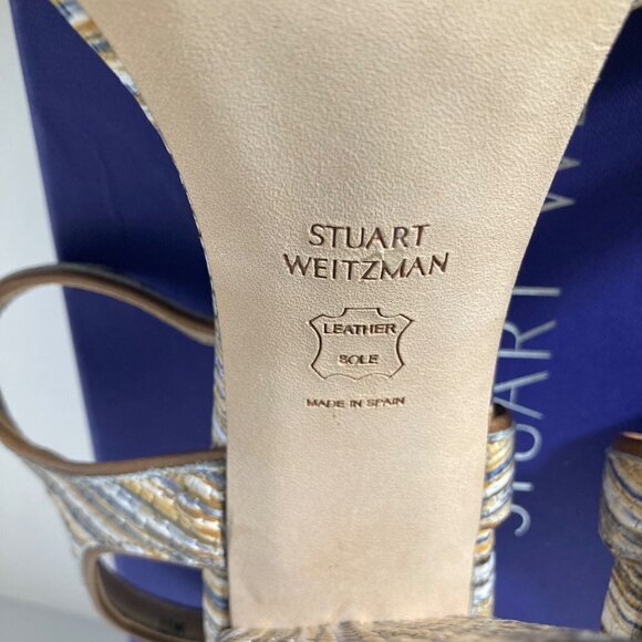 Womens Stuart Weitzman Sunlover Beige Weave Nappa Heeled Leather Sandal 9N - Picture 10 of 11